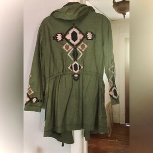 FREE PEOPLE HTF! Gorgeous Embroidered Hooded Coat, Hunter Green, Small EUC